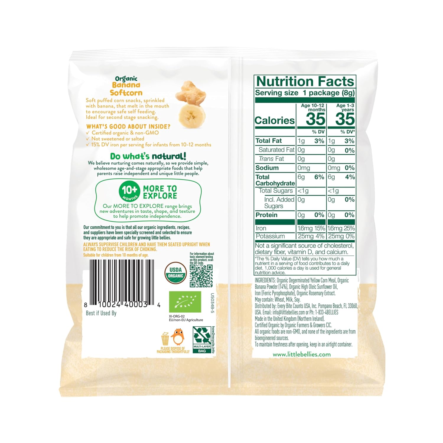 Little Bellies Organic Softcorn Variety Pack, Apple & Berry and Banana (Pack of 18 x 0.28 oz Individual Packs)
