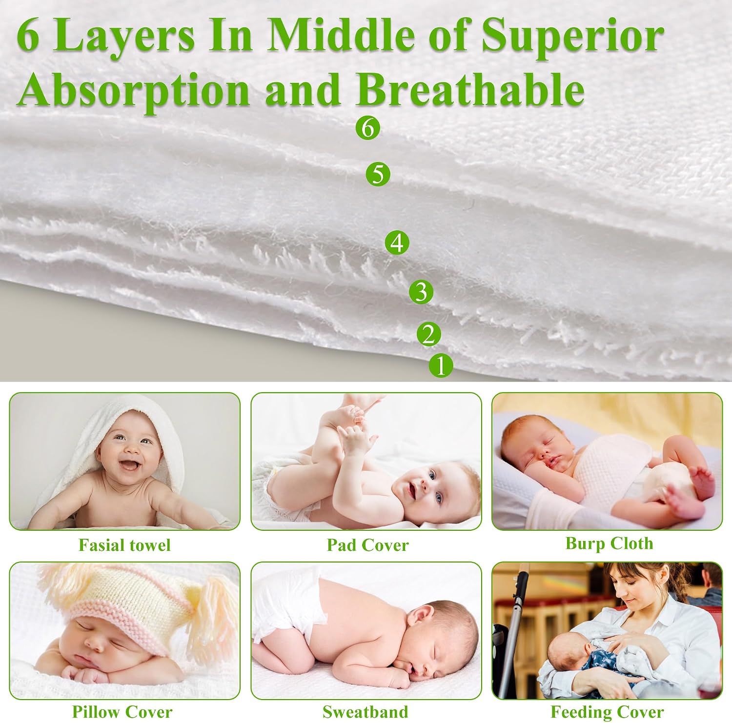 6 Ply Cloth Diapers Burp Cloth, Fasoar Thick Washable Absorbent Cotton Diaper for Babies and Toddlers Multi-Use 6/10/12 Count