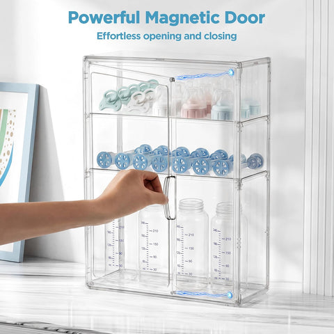 HBlife Baby Bottle Storage Organizer for Wall Countertop Cabinet, 3 Tiers Adjustable Clear Acrylic Bottles Storage Station Case Box Container with 2 Removable Dividers and Magnetic Door, Small