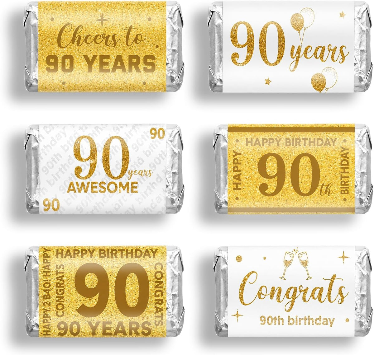 Tenare 90 Pcs 90th Birthday Candy Wrappers, White and Gold Stickers