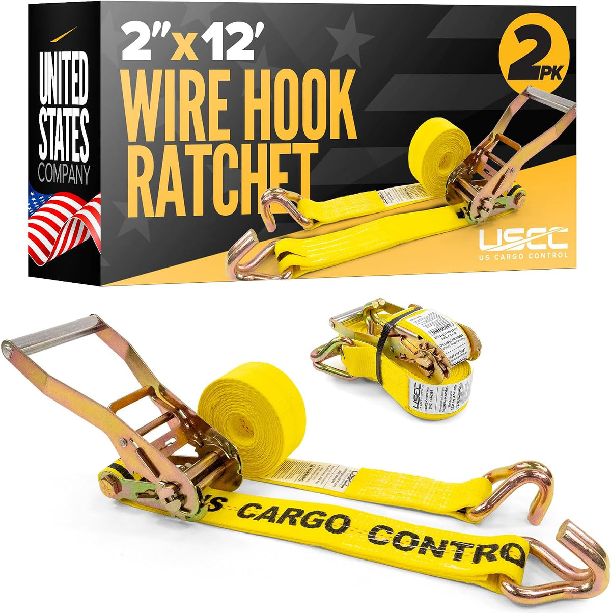 US Cargo Control Wire Hook Ratchet Straps 2 Inch x 12 Foot (4-Pack), 10,000 LBS Break Strength, Yellow 2 Inch Ratchet Straps Heavy Duty with J Hooks, Heavy Duty Tie Downs for Trailers and Trucks