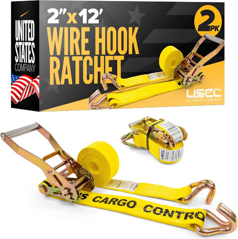 US Cargo Control Wire Hook Ratchet Straps 2 Inch x 12 Foot (4-Pack), 10,000 LBS Break Strength, Yellow 2 Inch Ratchet Straps Heavy Duty with J Hooks, Heavy Duty Tie Downs for Trailers and Trucks