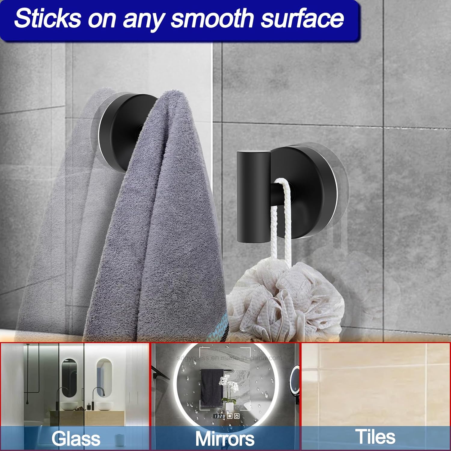 Bntuk Suction Cup Hooks, Removable Shower Hooks for Inside Shower – Towel Hooks for Bathroom Window Glass Mirror Tile, Bath Robe Looafh Hook for Hanging – Waterproof & Rustproof, Black (2 Pack)