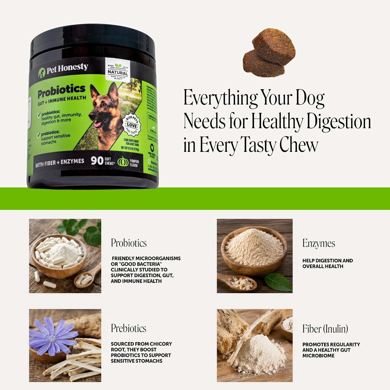 Pet Honesty Dog Probiotics Chews for Gut & Digestive Health, 90ct, Pumpkin