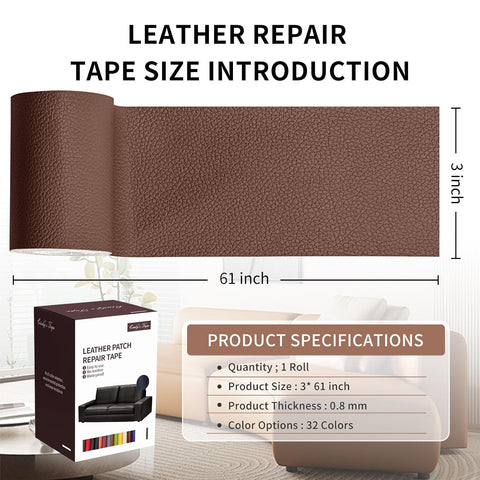 Leather Repair Patch Tape, Brown 3 x 61 Inches Self Adhesive Leather Repair Kit for Furniture, Car Seat,Vinyl Leather Repair Kit for Office Chairs, Couch, Sofa, Luggage