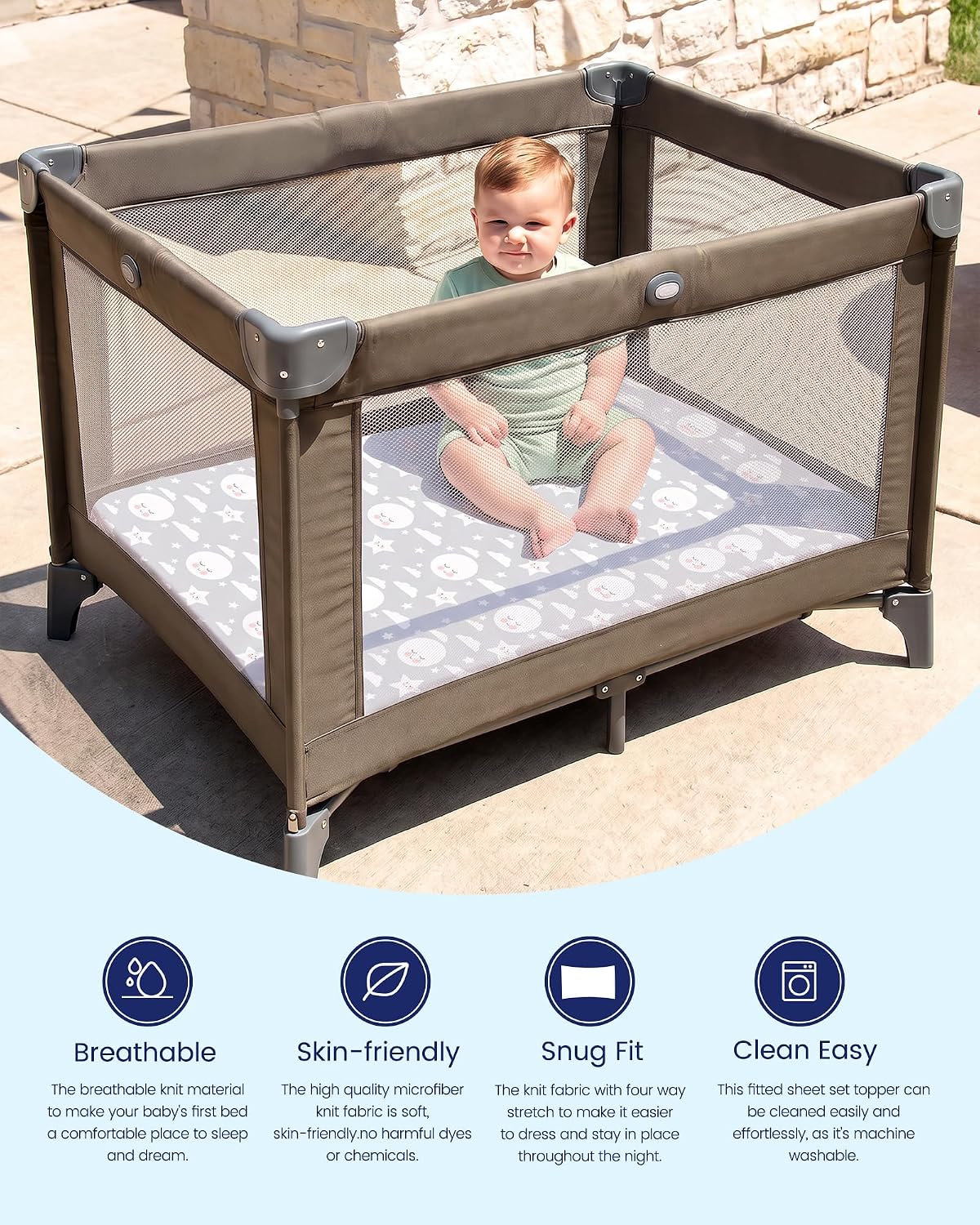 TotAha Premium Soft Pack n Play Sheets, Super Stretchy Jersey Knit Mini Crib Sheets Fitted, Silky Comfort Graco Pack and Play Mattress Sheets 2-Pack, Moon & Grey Sky