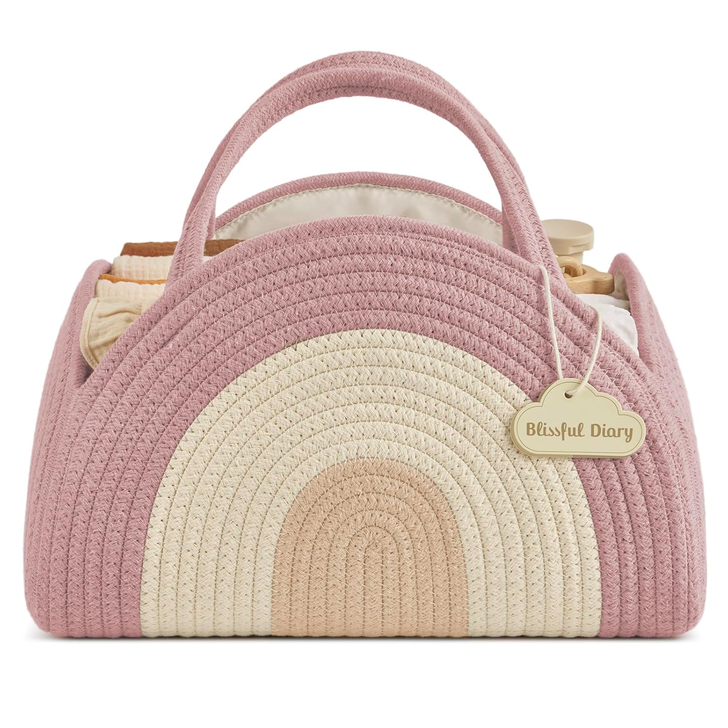 Blissful Diary Diaper Caddy Organizer, Woven Cotton Rope, Blush Rainbow