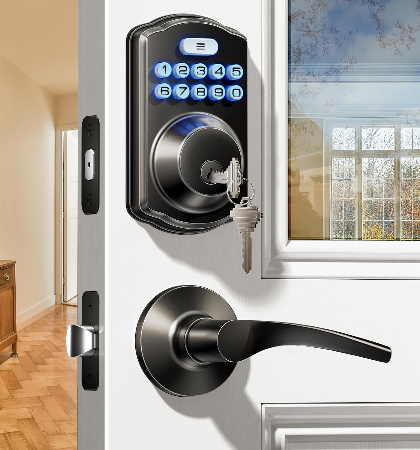 Veise KS01B Keypad Door Lock with 2 Lever Handles Set, Matte Black