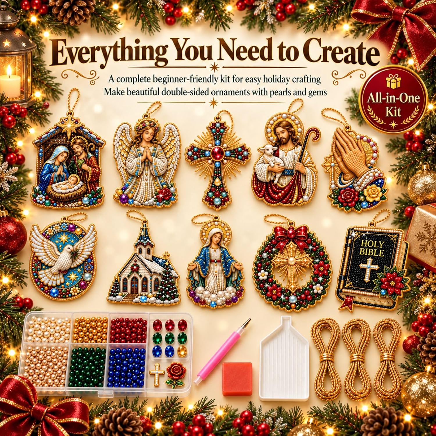 10PCS Christmas Pearl Diamond Painting Hanging Ornament Art Kit for Adults