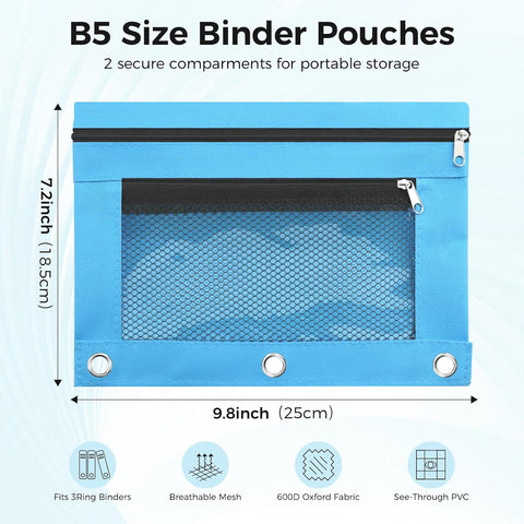 Pencil Pouch for 3 Ring Binder - 3 Hole Zipper Pen Case Bag Holder Bulk Accessories Clear Window Aesthetic Organizer Pockets (Azure)