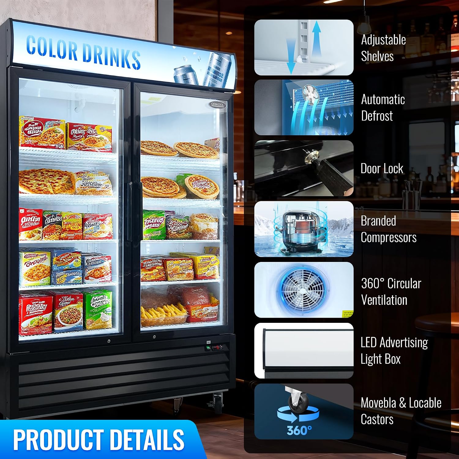 mikibama Glass Door Merchandiser Freezer, 44.7 Cu.ft Swing Door Commercial Reach-In Display Refrigerator with LED Top Panel Upright Freeze Storage, Double Cabinet, Black