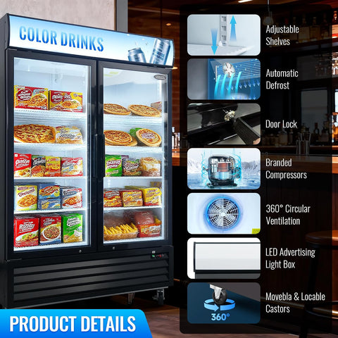 mikibama Glass Door Merchandiser Freezer, 44.7 Cu.ft Swing Door Commercial Reach-In Display Refrigerator with LED Top Panel Upright Freeze Storage, Double Cabinet, Black