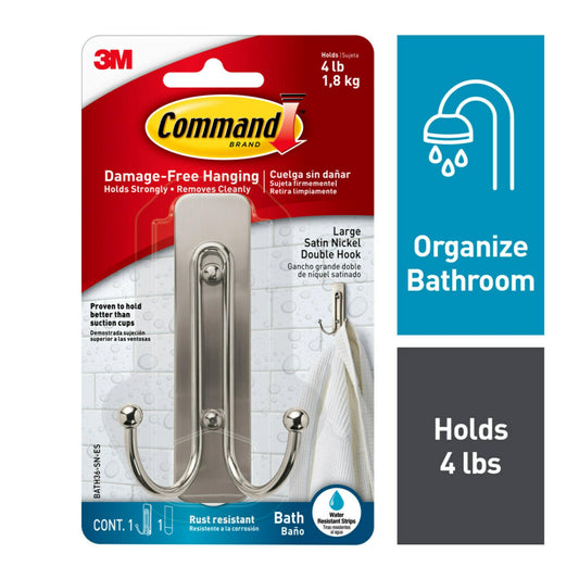 Command Large Double Bathroom Wall Hook, Damage Free Hanging Bath Hook with Adhesive Strip, Double Hook for Hanging Bath Towels, 1 Satin Nickel Colored Wall Hook and 1 Water-Resistant Command Strip