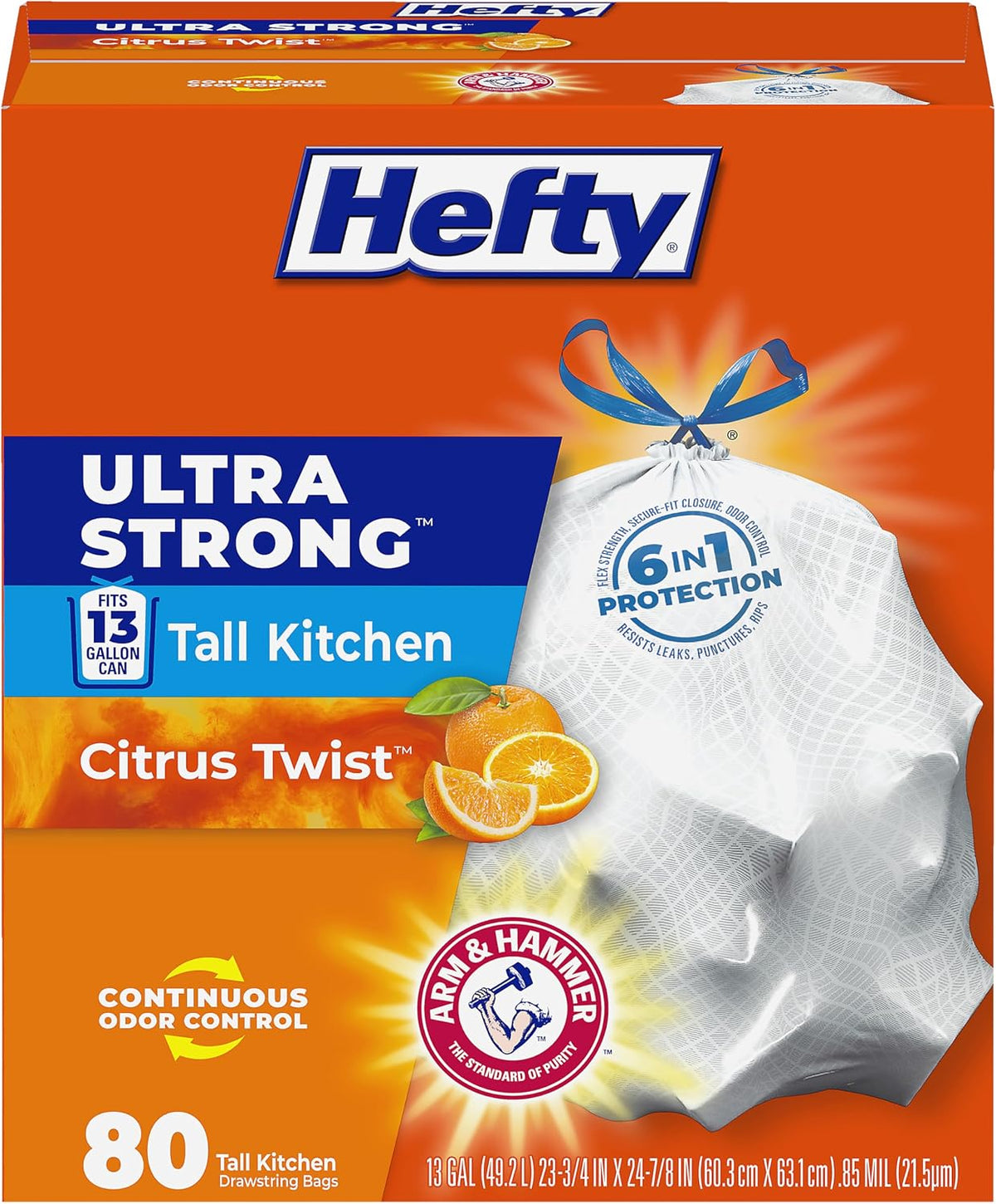 Hefty Ultra Strong 13 Gal Kitchen Trash Bags, White, Citrus Twist, 80ct