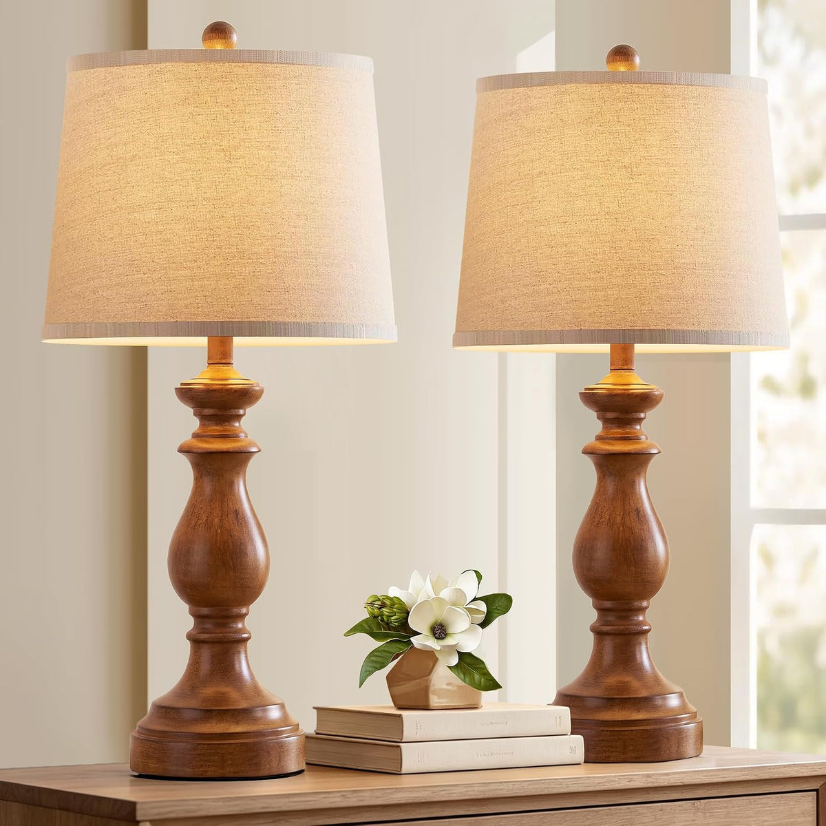 PARTPHONER Traditional Table Lamp Set of 2, Rustic Farmhouse Table Lamps for Living Room Bedroom, 27" Bedside Desk Lamps Vintage Nightstand Lamps with Linen Shades, Wood Grain