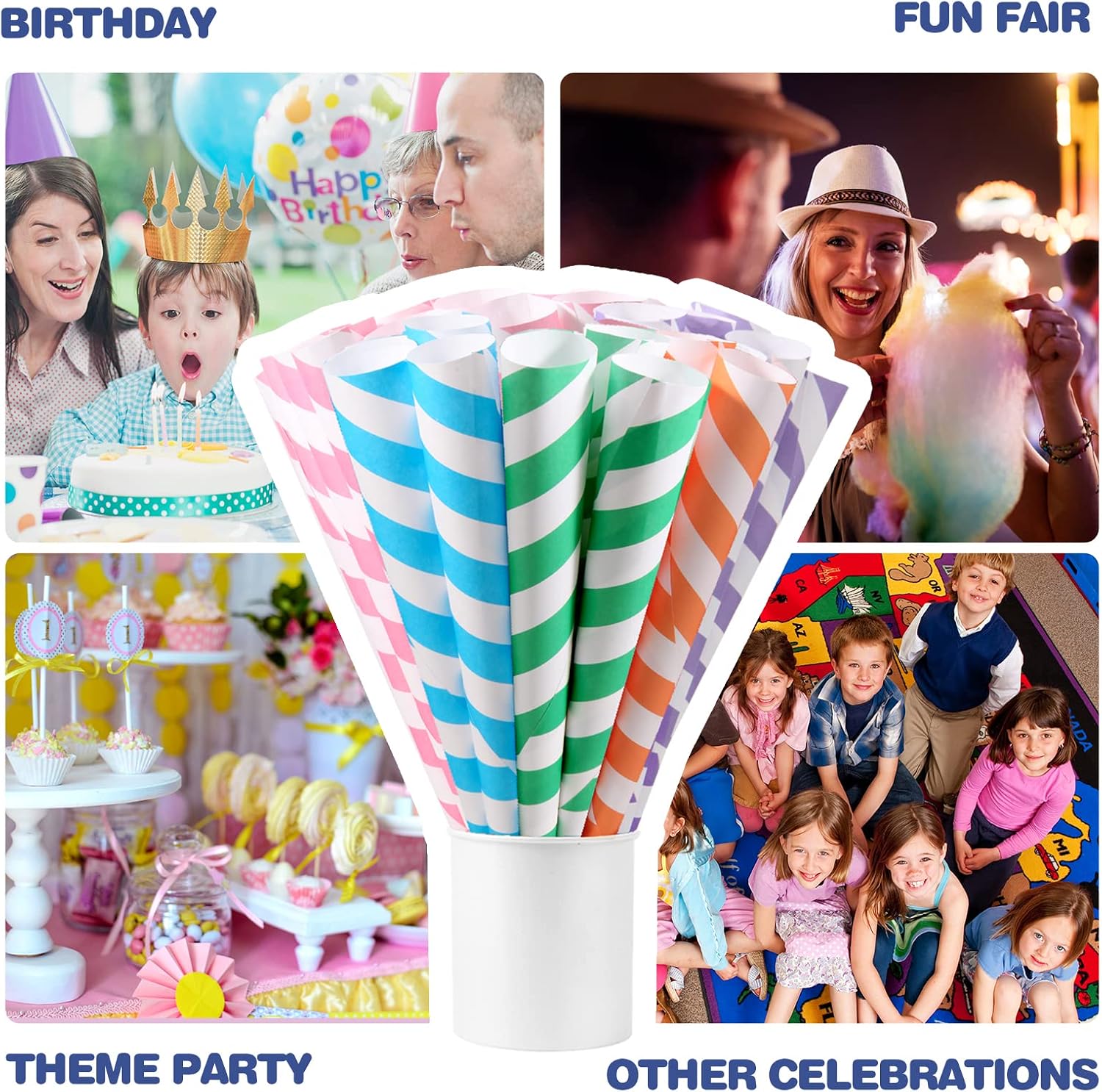 Cotton Candy Cones 100 Pack Carnival Theme - Candy Park Multicolor Paper Cones, For Cotton Candy Machines & Candy Floss Sugar, Party Supplies for Birthday, Easter, Celebrartions & Consession Stand