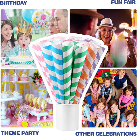 Cotton Candy Cones 100 Pack Carnival Theme - Candy Park Multicolor Paper Cones, For Cotton Candy Machines & Candy Floss Sugar, Party Supplies for Birthday, Easter, Celebrartions & Consession Stand