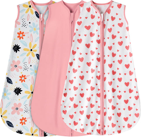 BSTOPPT 3 Pack Baby Sleep Sack 0-6 Months 100% Rayon Cotton Baby Sleeping Bag 2-Way Zipper Toddler Wearable Blankets Comfy Stretchy Lightweight TOG 0.3 （Heart&Pink&Floral）