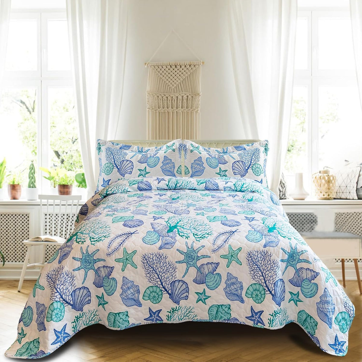 3 Piece Quilts Full/Queen Size Ocean Theme,Lightweight Coastal Beach Bedding Seashell Conch Starfish Bedspread Coverlet with 2 Pillowshams