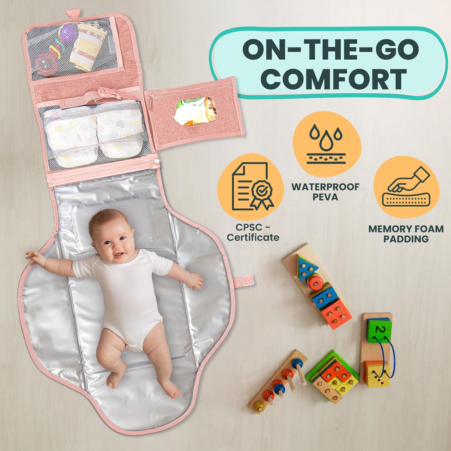 Portable Changing Pad for Baby – Soft, Comfortable Portable Diaper Changing Pad with Wipes Pockets, Waterproof and Easy to Clean – Baby Shower Gifts Newborn Essentials Must Haves Baby Registry Search