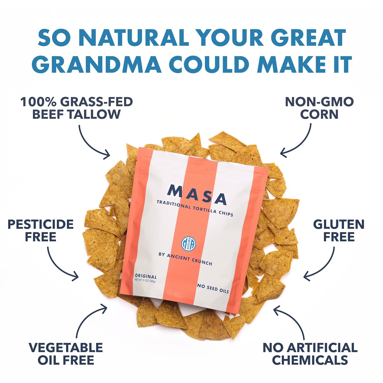 MASA Chips Yellow Corn Tortilla Chips Cooked in Pure Beef Tallow- 6pk x 5oz