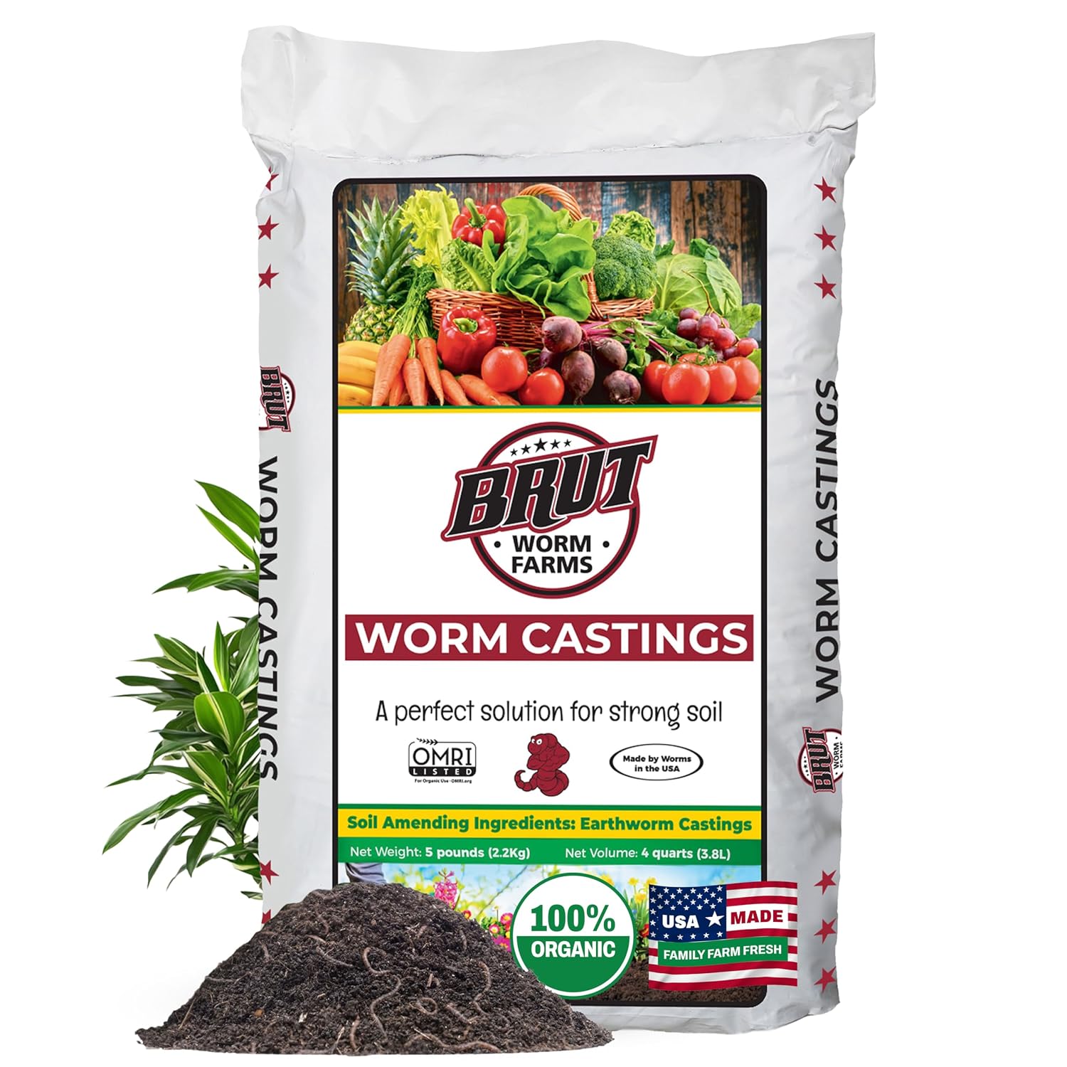 Brut Organic Worm Castings for Plants 5 LB – Natural Nutrients, Fertility Builder, Plant Food for Potting Soil and Garden Soil – Indoor and Outdoor Use