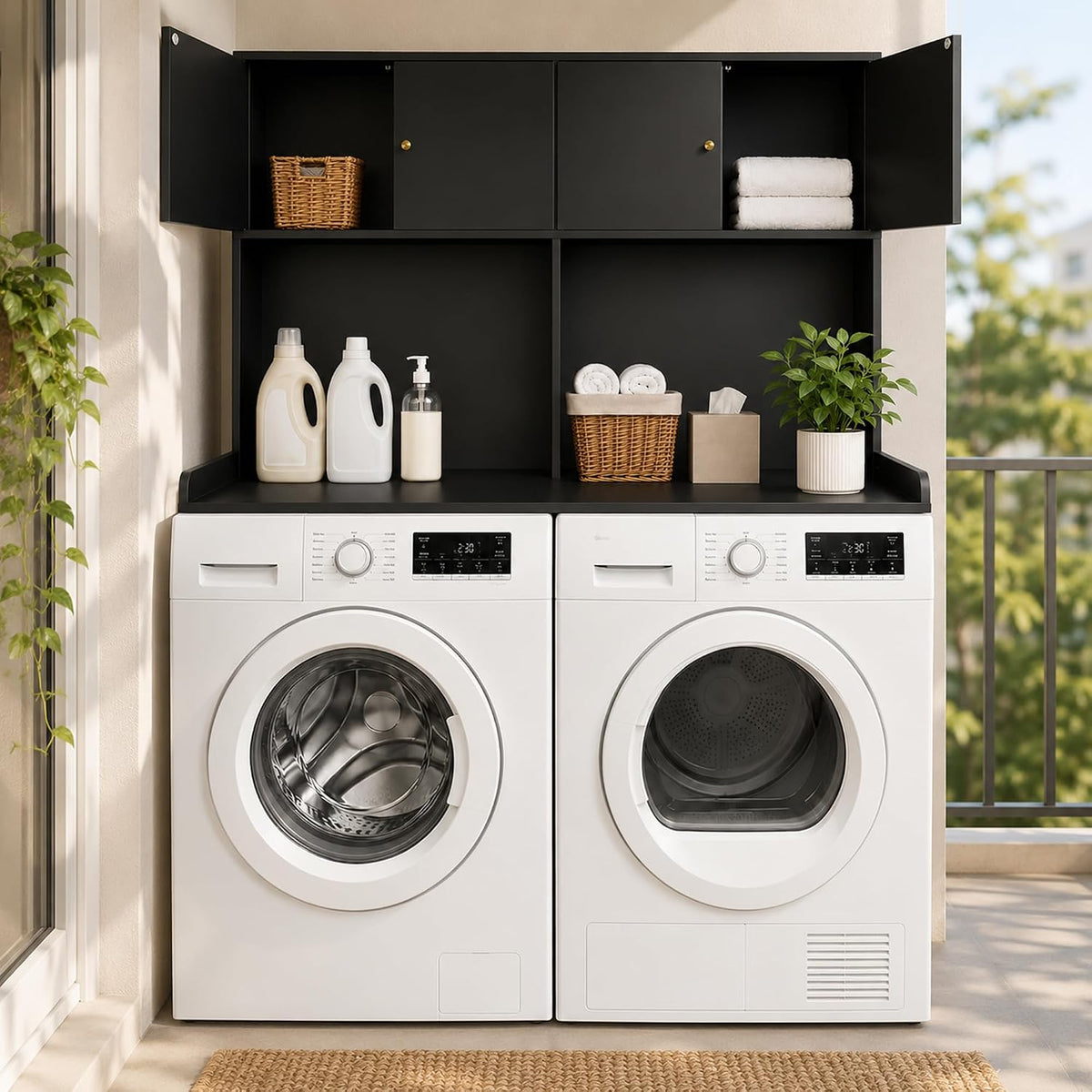 Washer Dryer Countertop with Cabinets, 2-Tier Laundry Countertop with Shelf