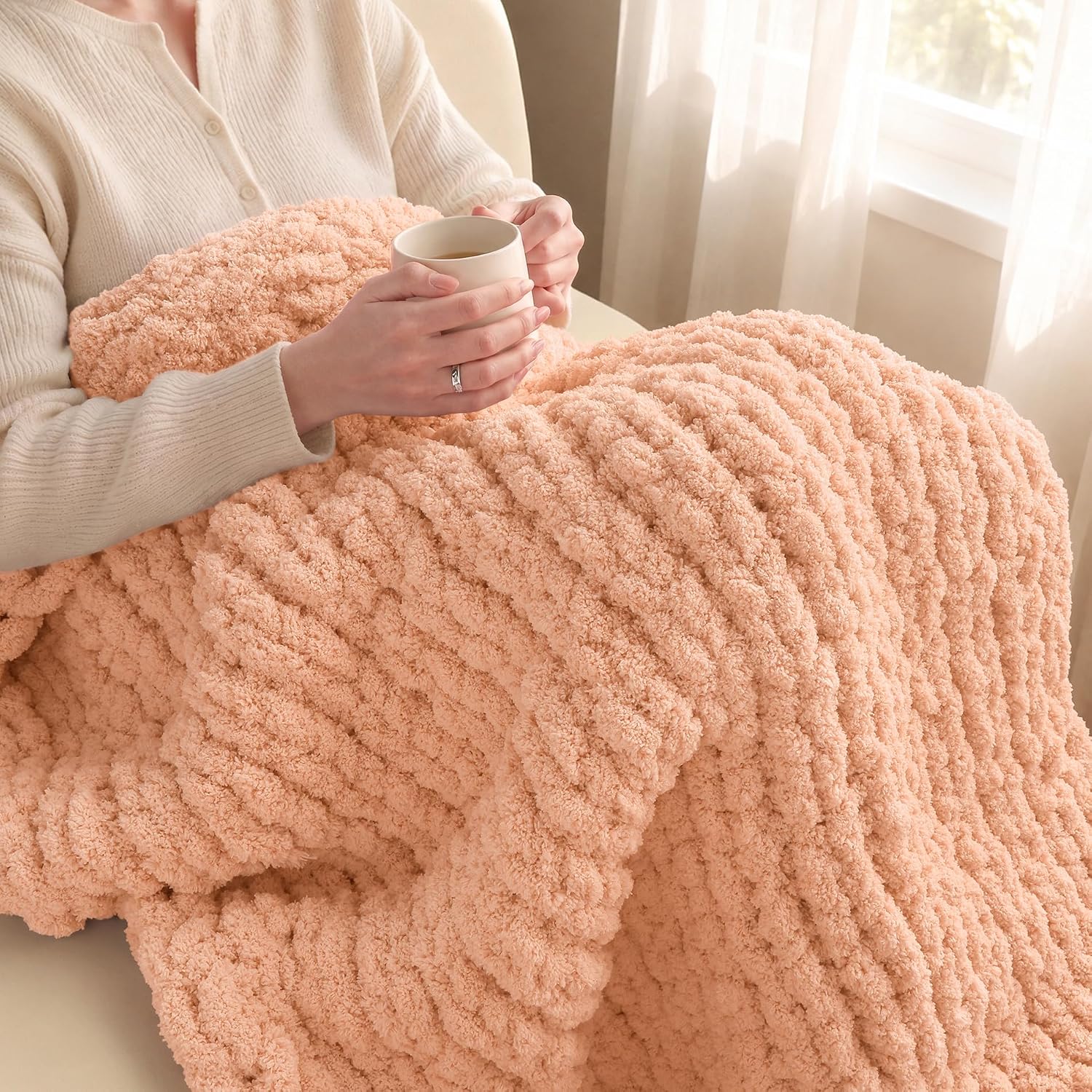 Jumbo Chunky Yarn for Hand Knitting - #10 Chunky Chenille Yarn for Crocheting Blankets,Super Soft Bulky Fluffy Yarn,9 Jumbo Pack(22yds,8oz Each Skein),Apricot Pink