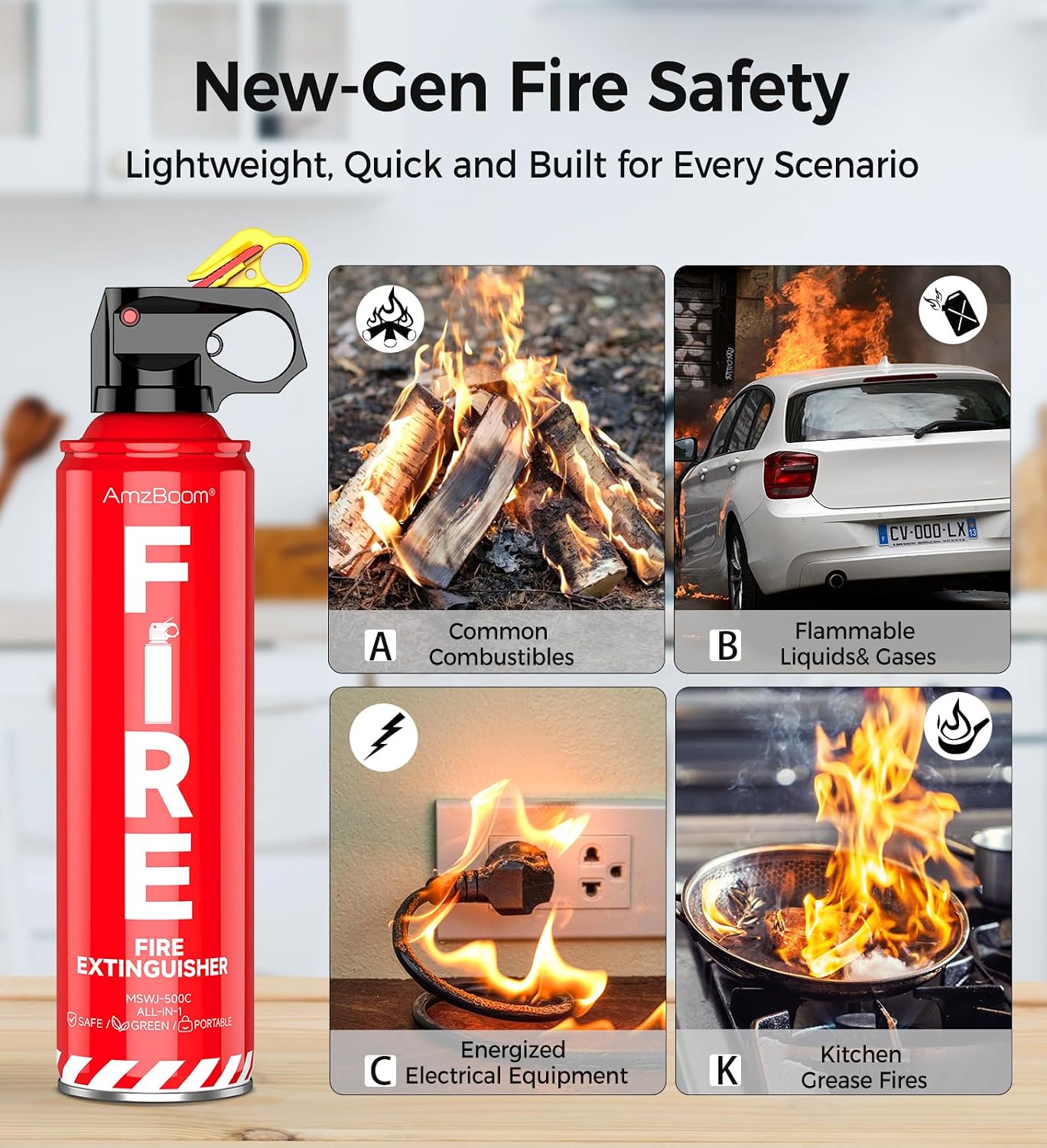 Fire Extinguisher for Home 1Pack, Kitchen, Car, and Grill,Compact Water-Based A, B, C, K Extinguisher with 6-Year Warranty and Easy Storage.