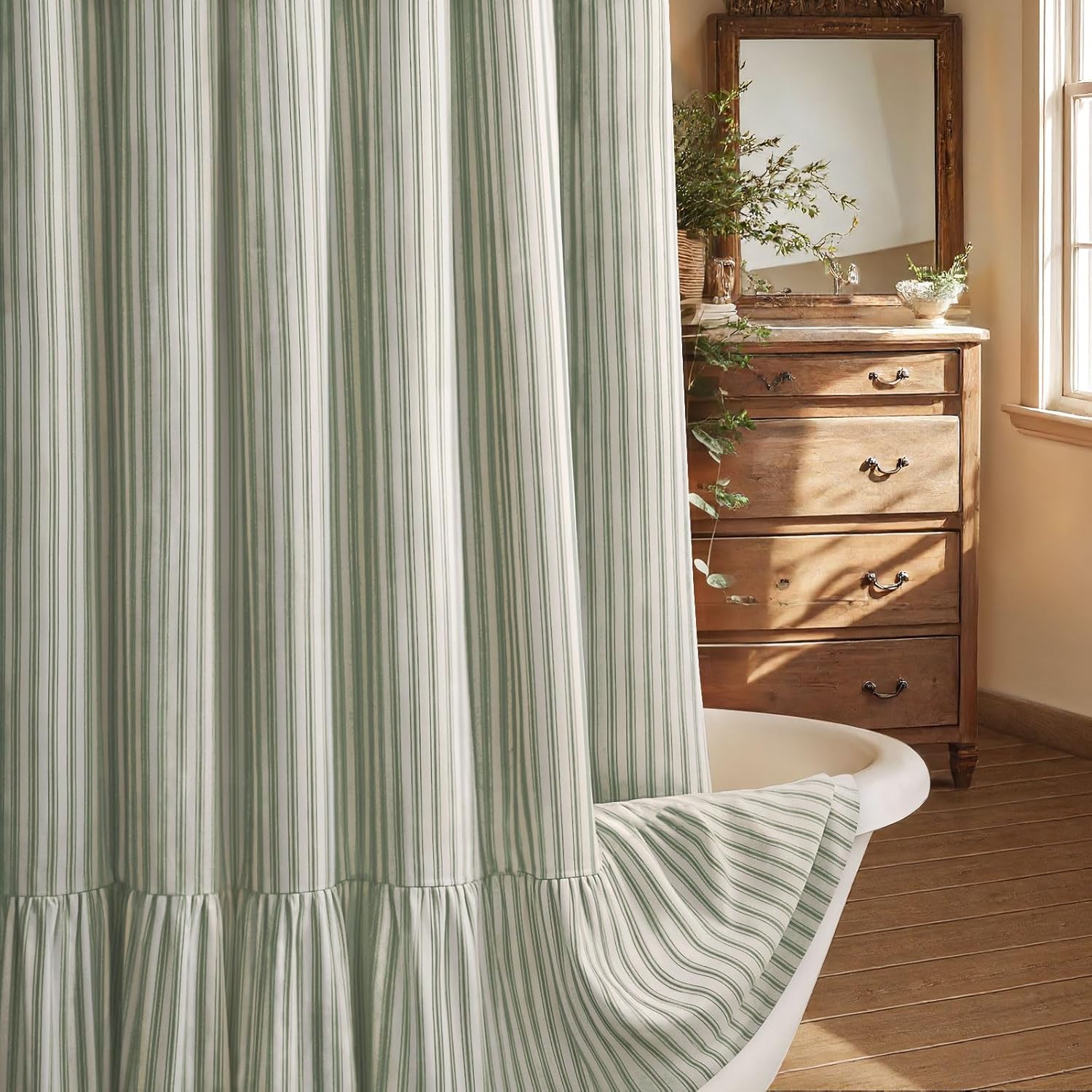 Farmhouse Shower Curtain Ruffle Linen Cream-Green Stripe 72"W x 84"L