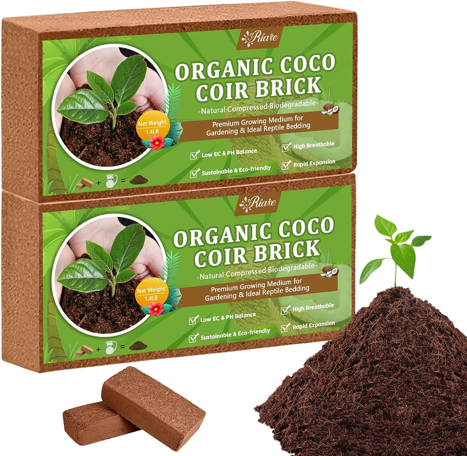 Riare 2pcs Organic Coco Coir Bricks, Natural Coconut Coir for Plants