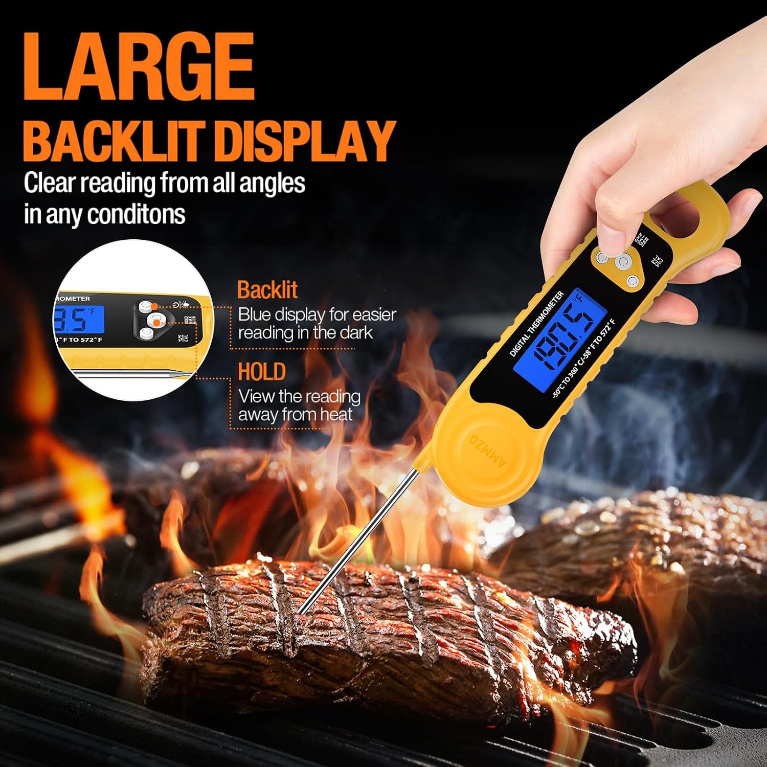AMMZO Meat Thermometer Digital, Instant Read Food Thermometer - Waterproof w/Backlight for Cooking, Candy, Deep Fry, BBQ, Grill, Candy Making Accessories, Gifts for Men Women(Yellow)