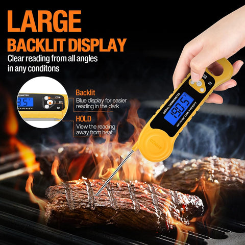 AMMZO Meat Thermometer Digital, Instant Read Food Thermometer - Waterproof w/Backlight for Cooking, Candy, Deep Fry, BBQ, Grill, Candy Making Accessories, Gifts for Men Women(Yellow)