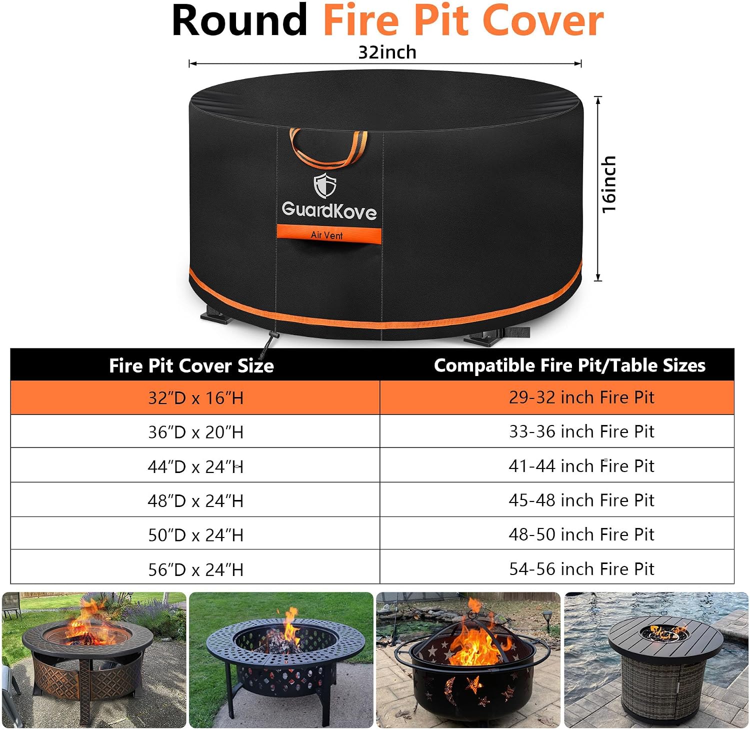 [Upgraded 1000D Heavy Duty Fabric] 32 inch Fire Pit Cover Round