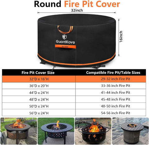 [Upgraded 1000D Heavy Duty Fabric] 32 inch Fire Pit Cover Round