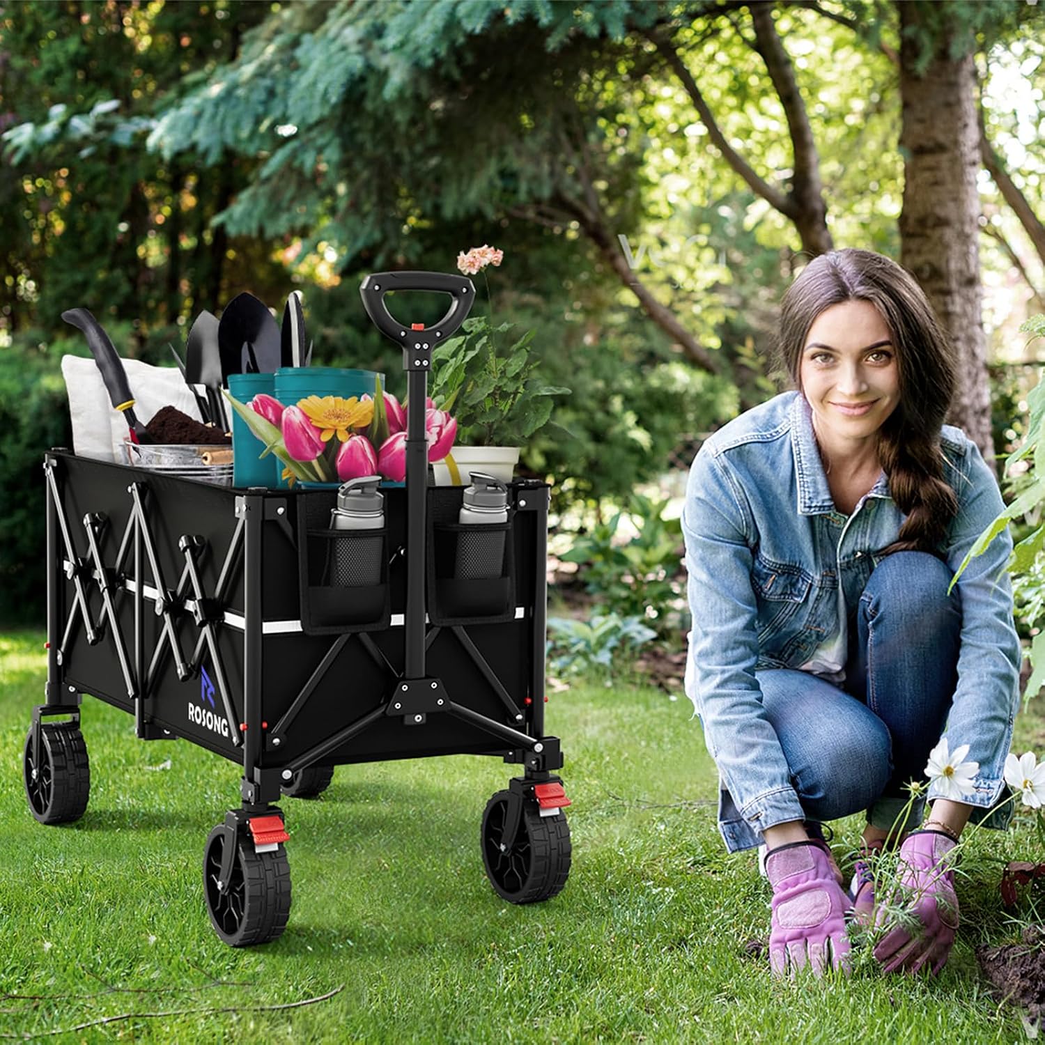 ROSONG Collapsible Wagon Cart with Wheels Foldable - Folding Utility Heavy Duty Wagons Carts for Grocery Sports Garden Shopping Camping Wheelbarrows (Black, 150L)