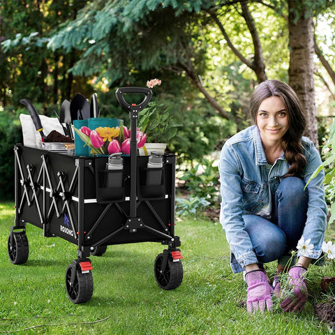 ROSONG Collapsible Wagon Cart with Wheels Foldable - Folding Utility Heavy Duty Wagons Carts for Grocery Sports Garden Shopping Camping Wheelbarrows (Black, 150L)