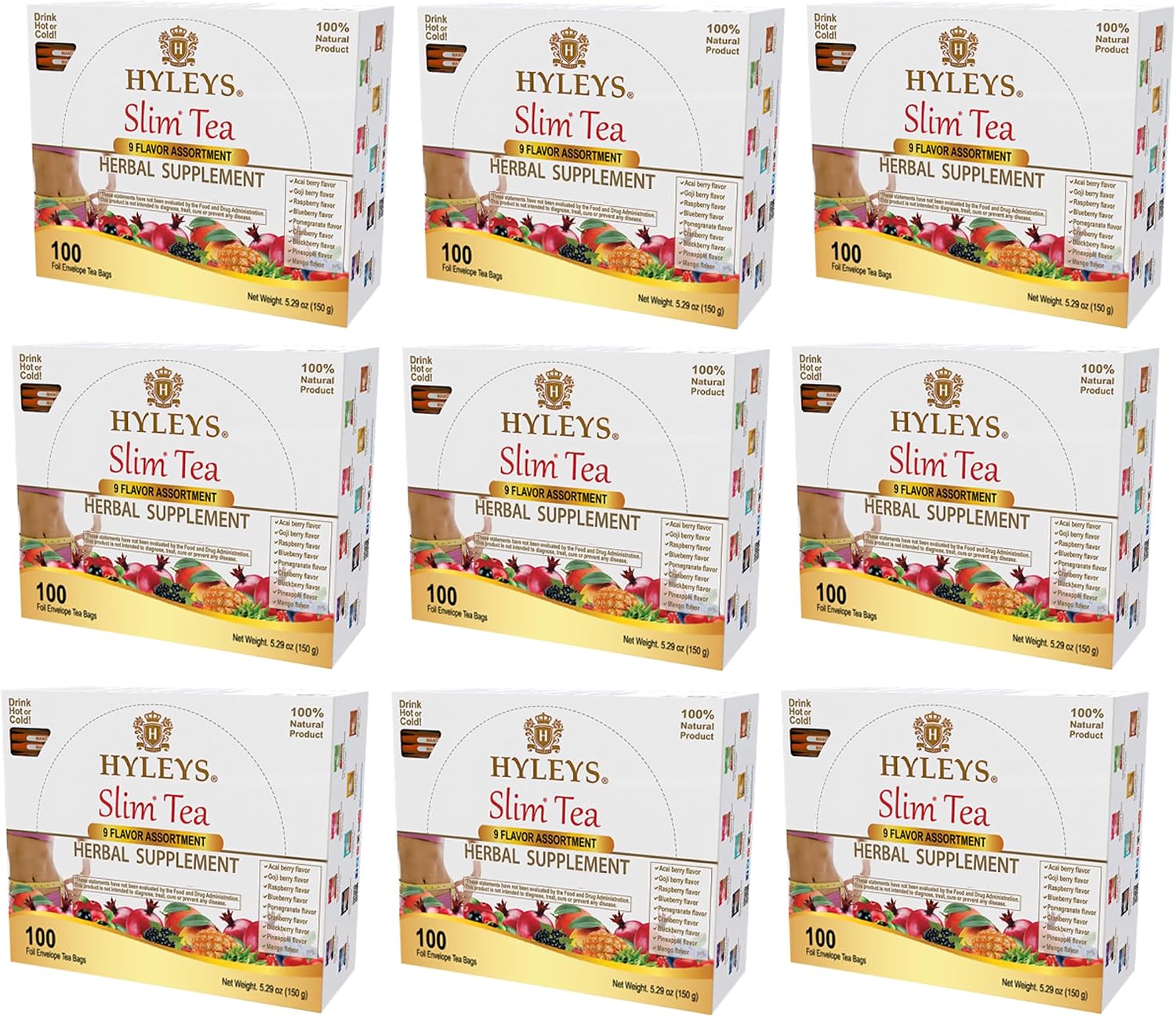 HYLEYS Slim Tea, 9 Flavor Weight Loss Variety Pack, 100 Bags (9 Pack Bulk)
