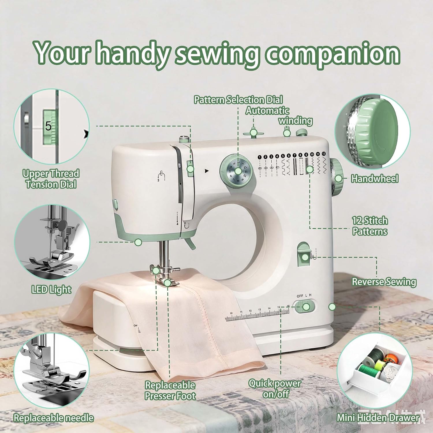 Small Sewing Machine for Beginners, Portable sewing Kit for Light Fabrics