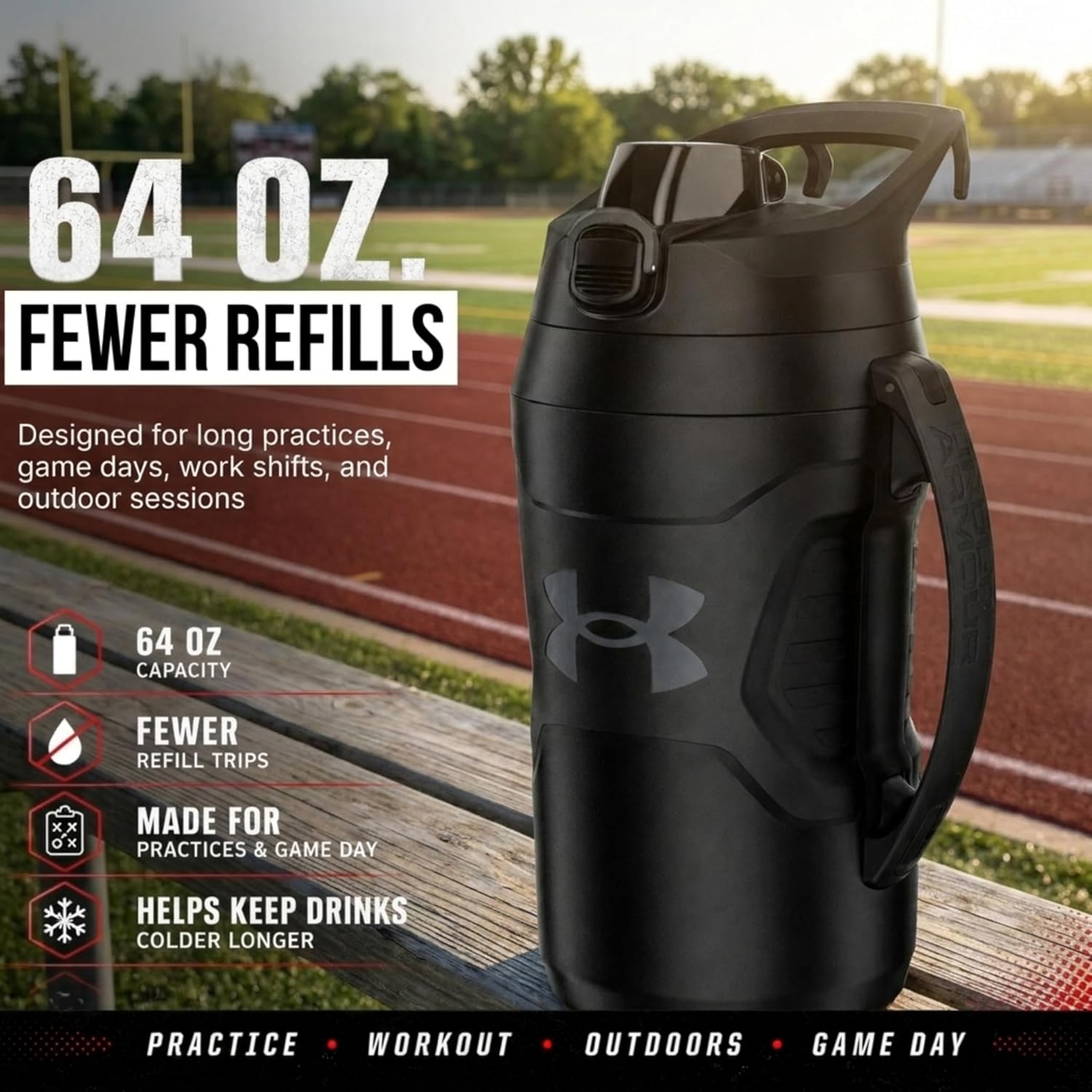 Under Armour Insulated Water Bottle with Handle & Fence Hook, Half Gallon Sports Water Jug, Leak-Resistant & BPA-Free for Baseball, Football & Gym - Black/Black, 64oz