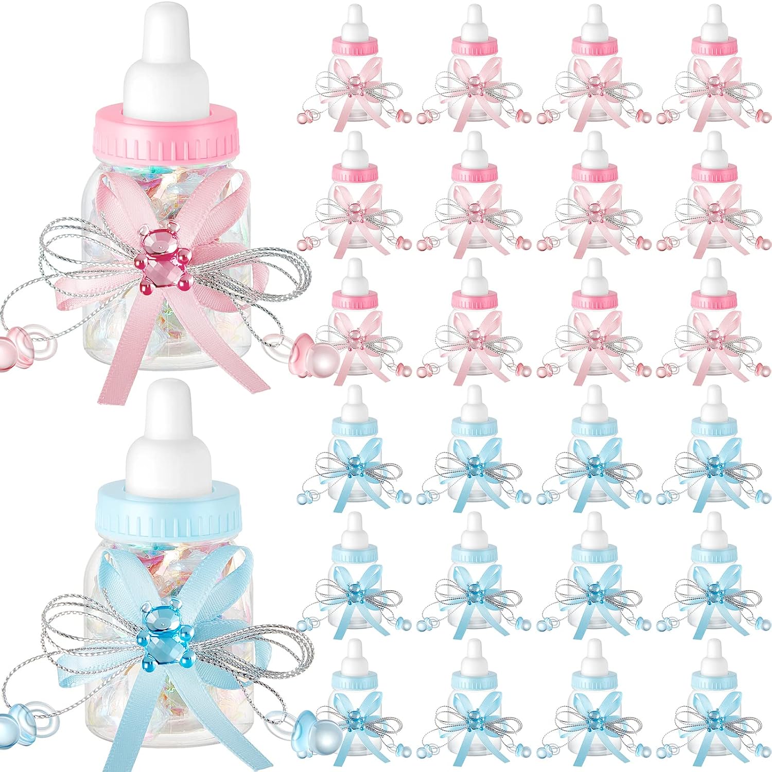 Nuenen 48 Pcs Baby Shower Milk Bottles with Ribbon Plastic Bear Candy Bottles Baby Shower Favors Gender Reveal Wedding Birthday Party Decorations (Blue,Pink)