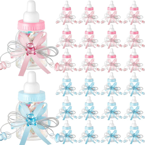 Nuenen 48 Pcs Baby Shower Milk Bottles with Ribbon Plastic Bear Candy Bottles Baby Shower Favors Gender Reveal Wedding Birthday Party Decorations (Blue,Pink)