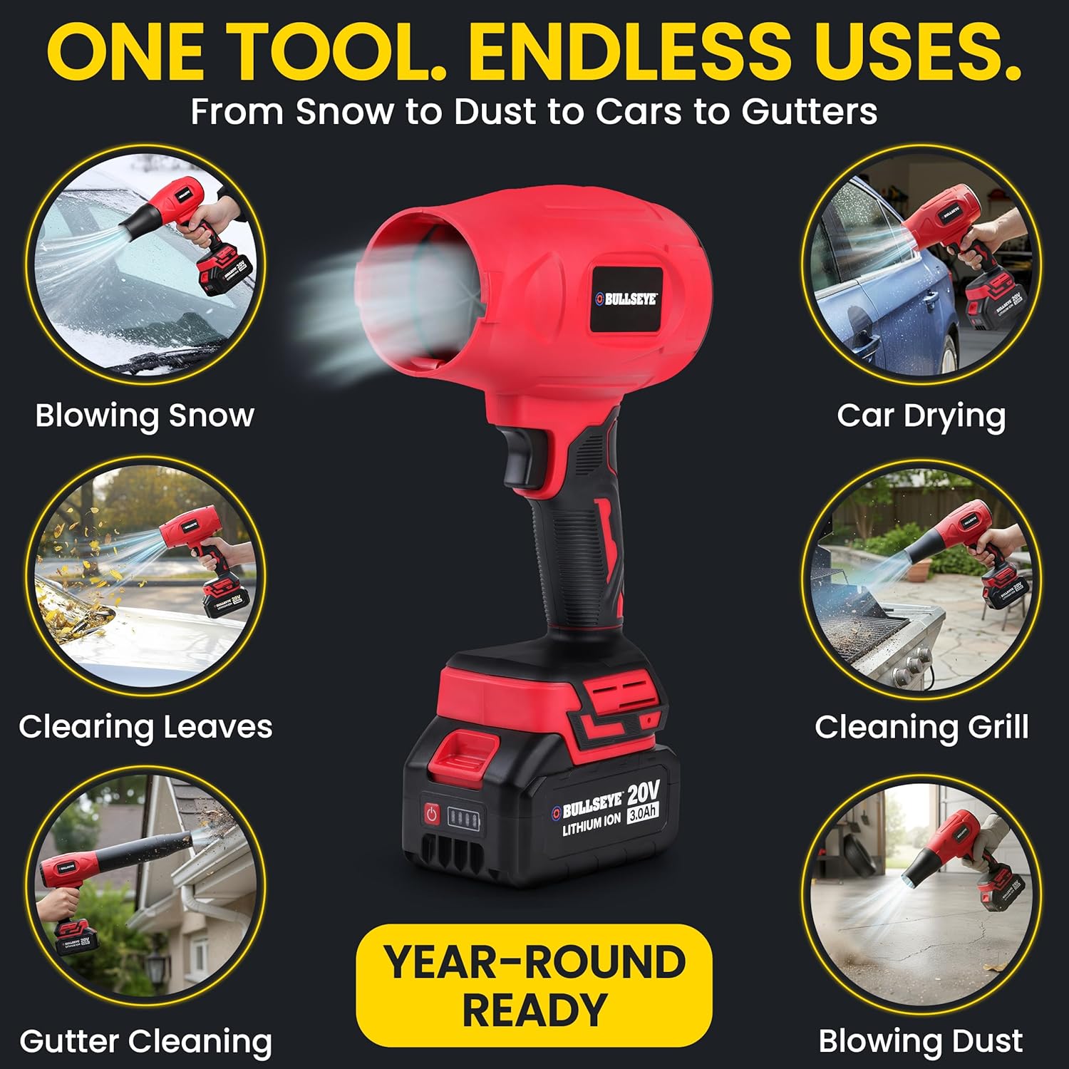 Bullseye Blower – Cordless Leaf Blower, Handheld Turbo Jet with 2 Batteries, 20V 350W Electric Air Power for Patio, Garage Cleaning and Car Drying – As Seen on TV