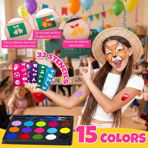 Drawdart Face Painting Kit for Kids - 15 Colors Non-Toxic Water Based Face Paint with Stencils & Brushes - Parties, Birthdays, Halloween Face Body Makeup Kit