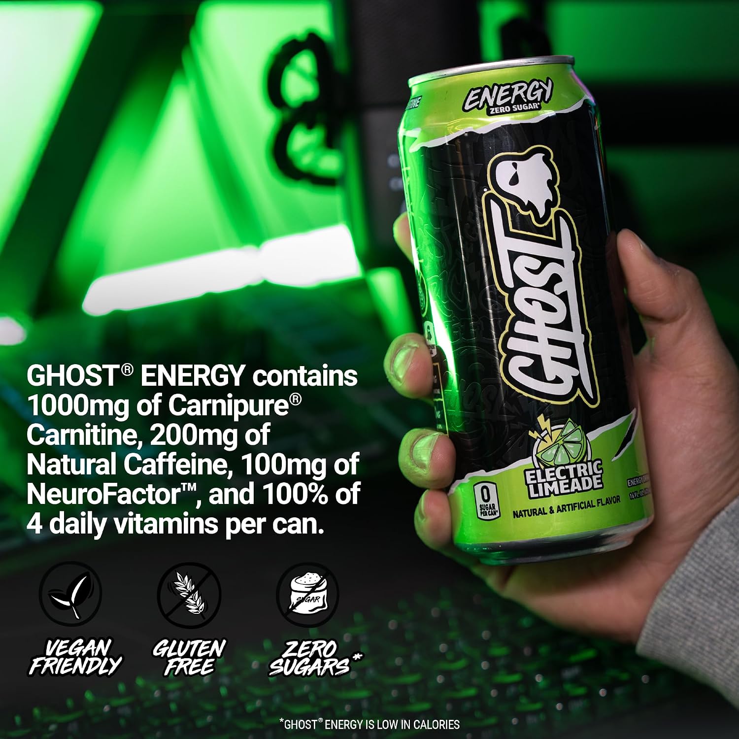 GHOST Energy Drink, Zero Sugars, 12-Pack, Electric Limeade, 16oz