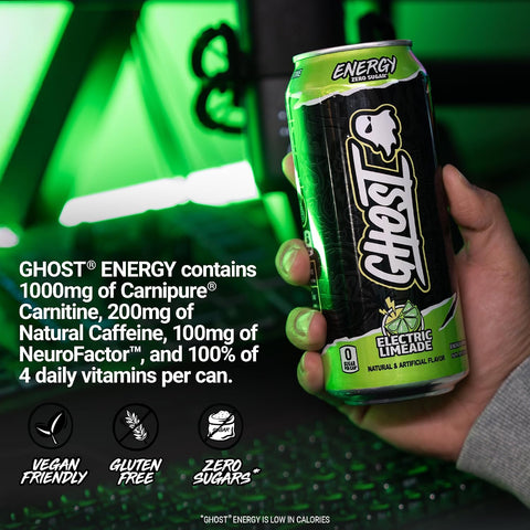 GHOST Energy Drink, Zero Sugars, 12-Pack, Electric Limeade, 16oz