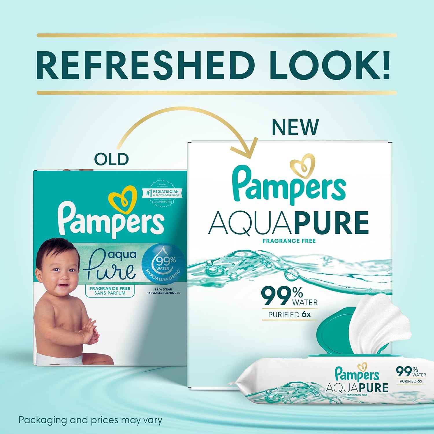 Pampers Aqua Pure Baby Wipes, 99% Water, Fragrance Free, Unscented, Water Based, Multi-Use, 336 Wipes Total (6X Flip-Top Packs) [Packaging May Vary]
