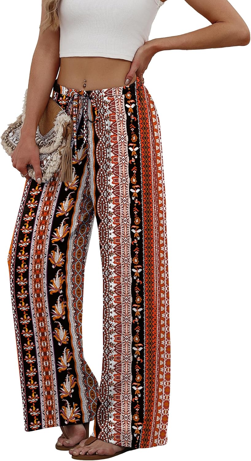 Sampeel Wide Leg Pants for Women Flowy Palazzo Drawstring Elastic Waist Trousers with Pockets Summer Beach Vacation Clothes