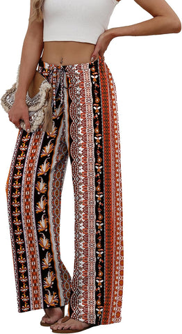 Sampeel Wide Leg Pants for Women Flowy Palazzo Drawstring Elastic Waist Trousers with Pockets Summer Beach Vacation Clothes