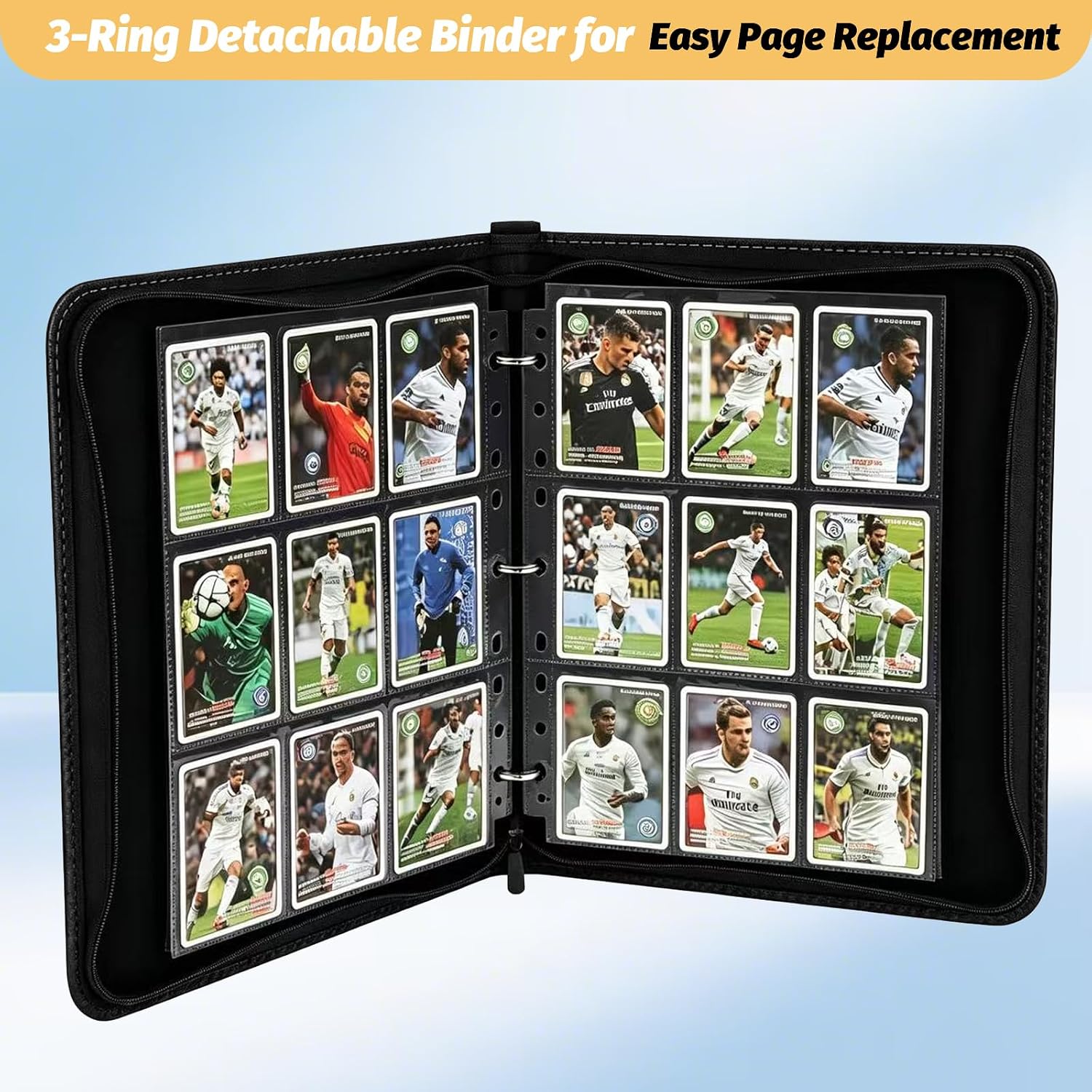 GERMUN 3 Ring 9 Pocket Zipper Card Binder, 720 Double Sided Standard PU Trading Card Album Folder for TCG & Sports Cards, Not Fit Top Loaders (Black1)